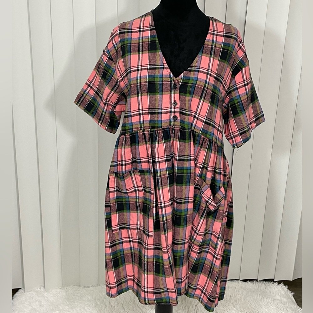 CURRENT MOOD Miss Remembered Oversized Plaid Mini Babydoll Dress Short Sleeve XS